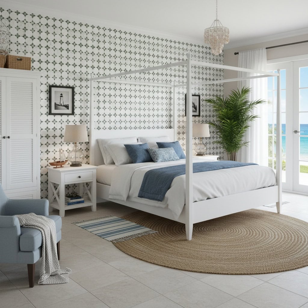 Bright bedroom featuring white and blue textiles, with a patterned tile accent wall and a view of the ocean through glass doo.