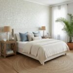 A cozy bedroom featuring a wall decorated with shimmering mother of pearl shell tiles, creating an elegant and natural ambian.