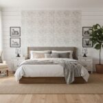 A serene bedroom featuring a wall decorated with mother of pearl shell tiles, adding a subtle shimmer and elegant texture to.