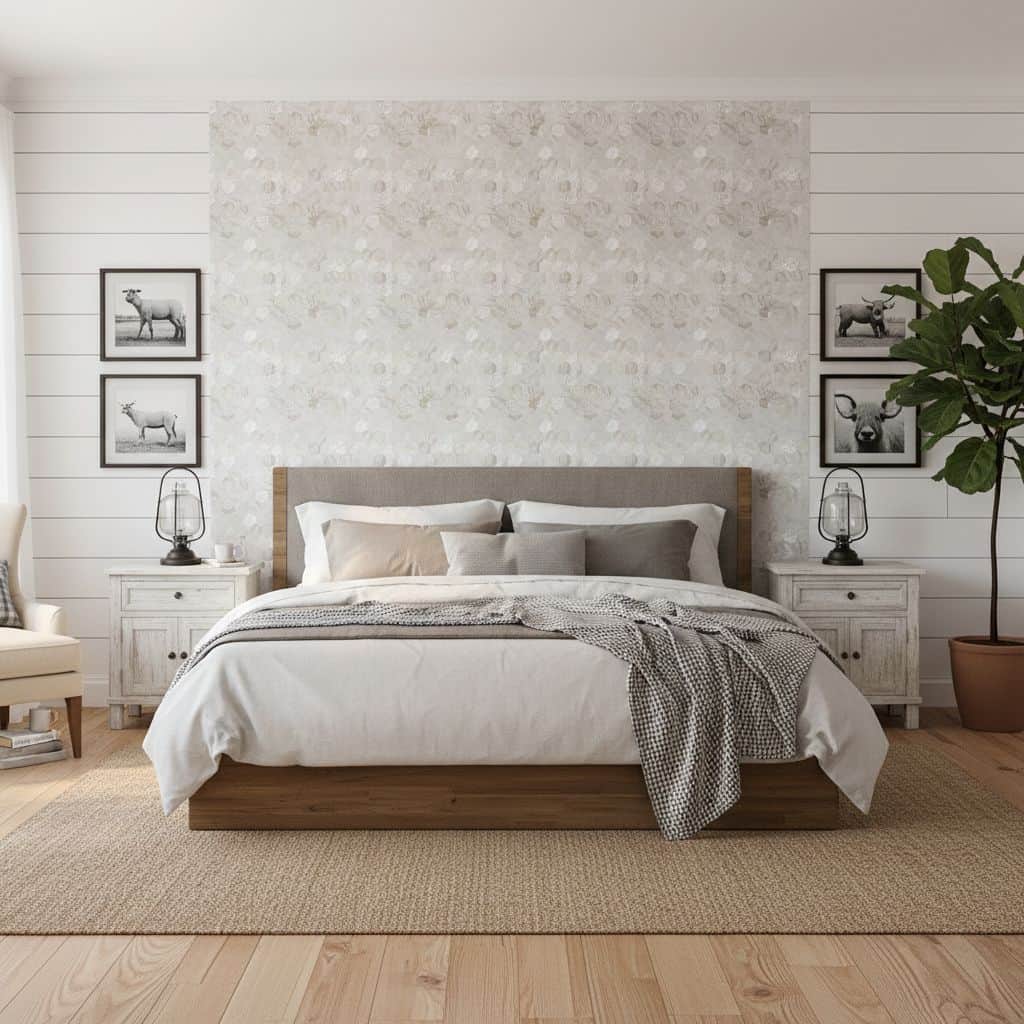 A serene bedroom featuring a wall decorated with mother of pearl shell tiles, adding a subtle shimmer and elegant texture to.