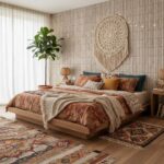 A cozy bedroom featuring warm-toned textiles, a large wall hanging, and patterned area rugs, creating a relaxed and inviting.
