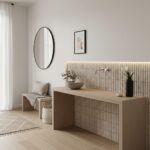 A close-up of a beige textured tile wall in a modern interior, featuring a black vase with plants, a white bowl, and a minima.