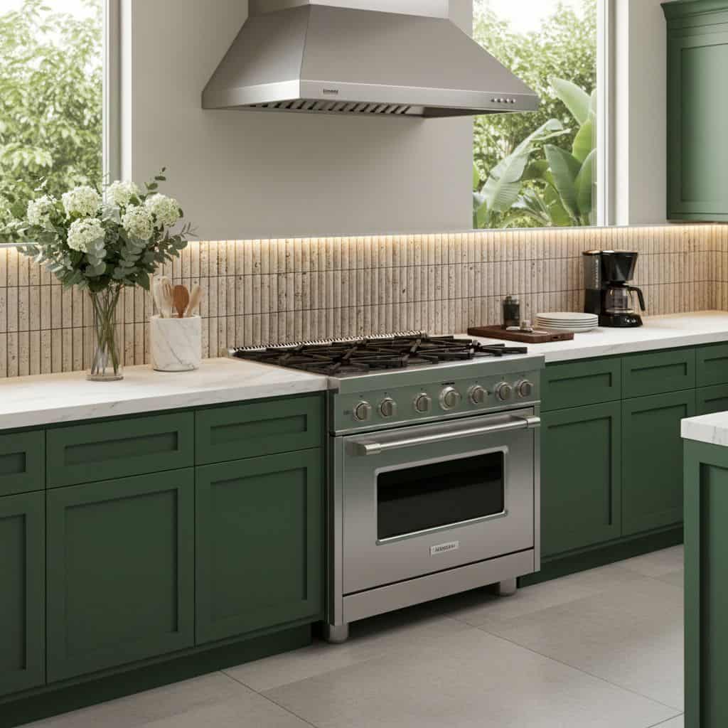 Green tile backsplash with textured surface behind stainless steel stove.