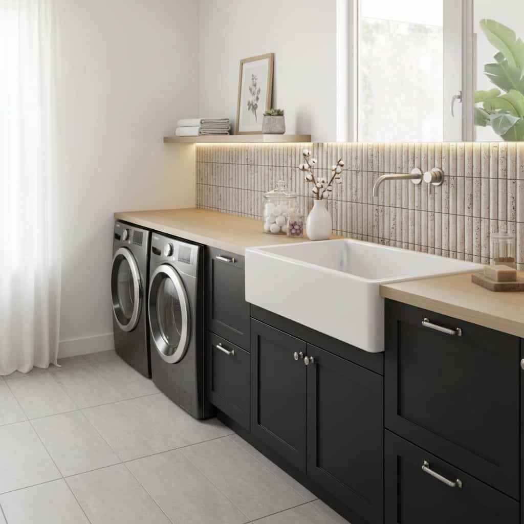 Laundry room tile with neutral tones and textured surface, featuring a matte finish and subtle pattern for a modern, clean lo.