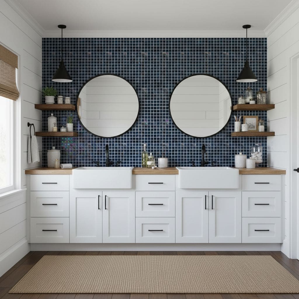 Mirror and shelf bathroom decor with glass mosaic tile backsplash.
