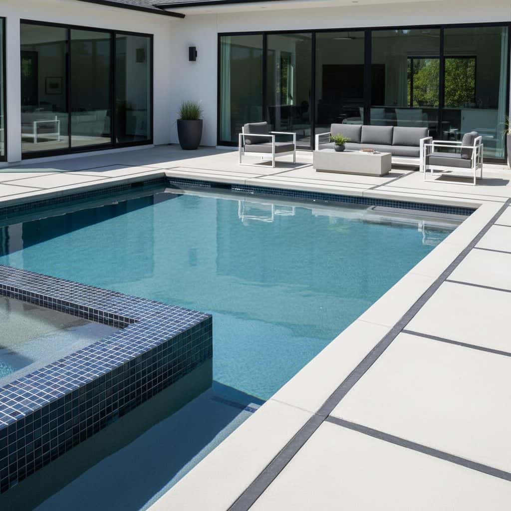 A contemporary backyard featuring a swimming pool with glass tile accents and a stylish outdoor seating area.