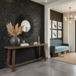 Dark gray textured stone wall tile with a rough surface.