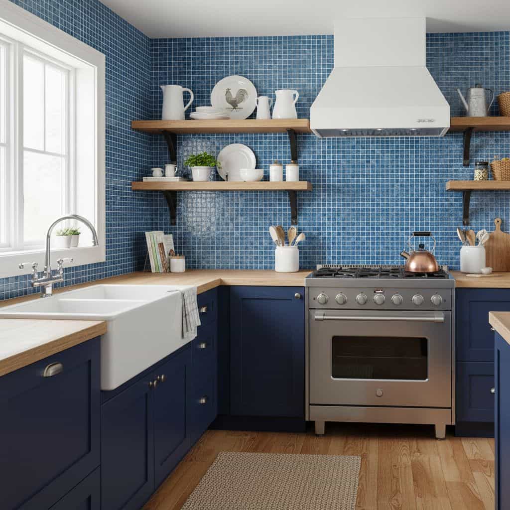 Blue glass tile backsplash in a modern kitchen with open wooden shelves and stainless steel appliances.
