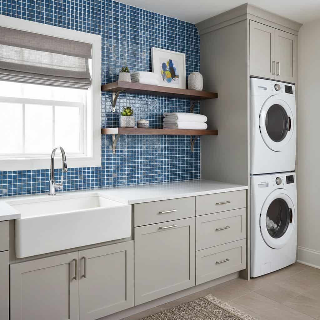 Bright laundry room featuring a blue glass tile backsplash behind the sink and shelves.