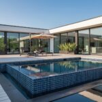 Modern house with glass tile pool and outdoor lounge with umbrellas and greenery.