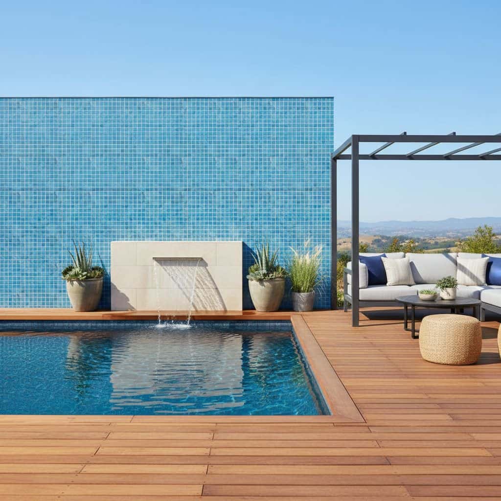Poolside glass mosaic tile wall with water feature and outdoor seating area.