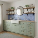 Mint green kitchen cabinetry with a glass tile backsplash and open wooden shelves. Bright, airy space with a round mirror and.