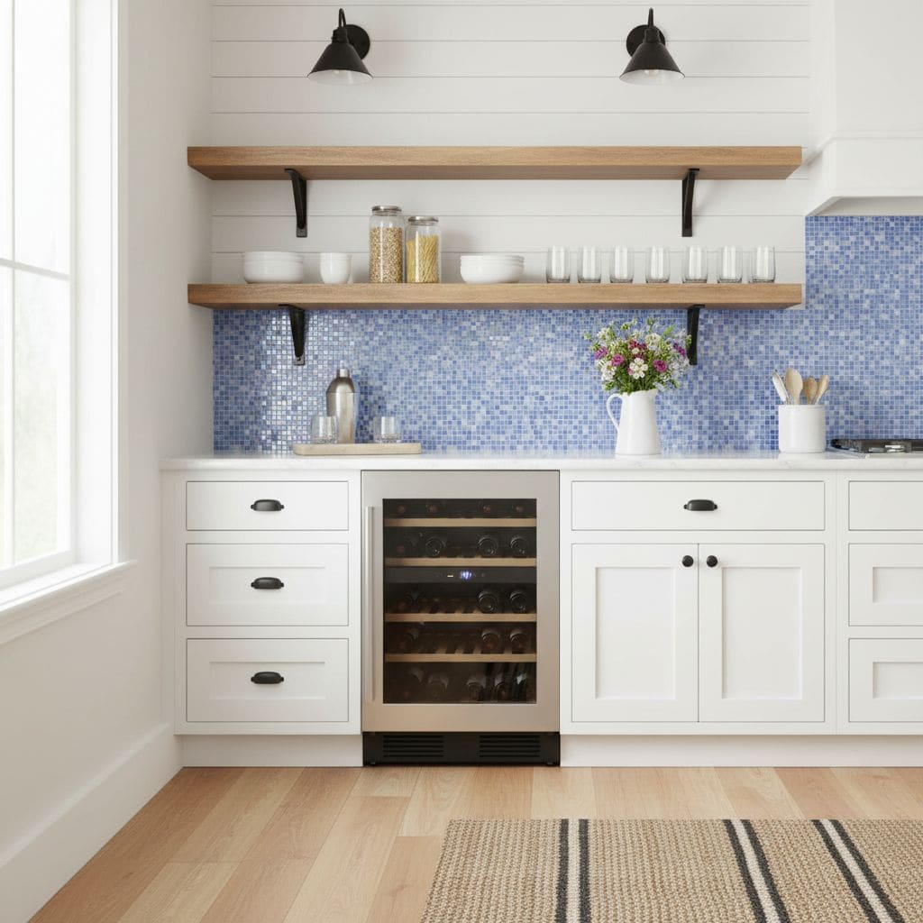 Modern kitchen with blue glass mosaic tile backsplash, white cabinetry, and open wooden shelves.