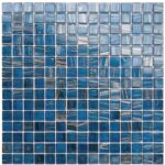 A vibrant blue glass mosaic tile backsplash ideal for pools and bathrooms, showcasing a glossy, reflective surface with a mod.