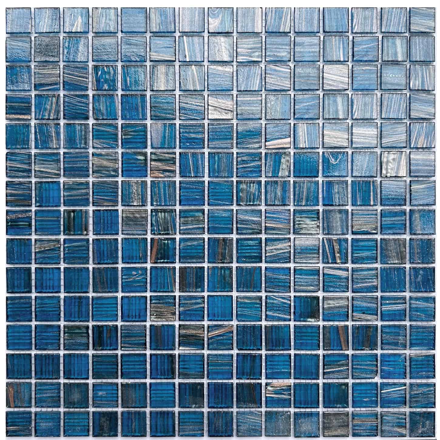 A vibrant blue glass mosaic tile backsplash ideal for pools and bathrooms, showcasing a glossy, reflective surface with a mod.