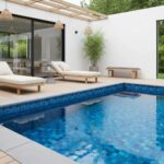 Poolside glass mosaic tile for modern outdoor pool area.