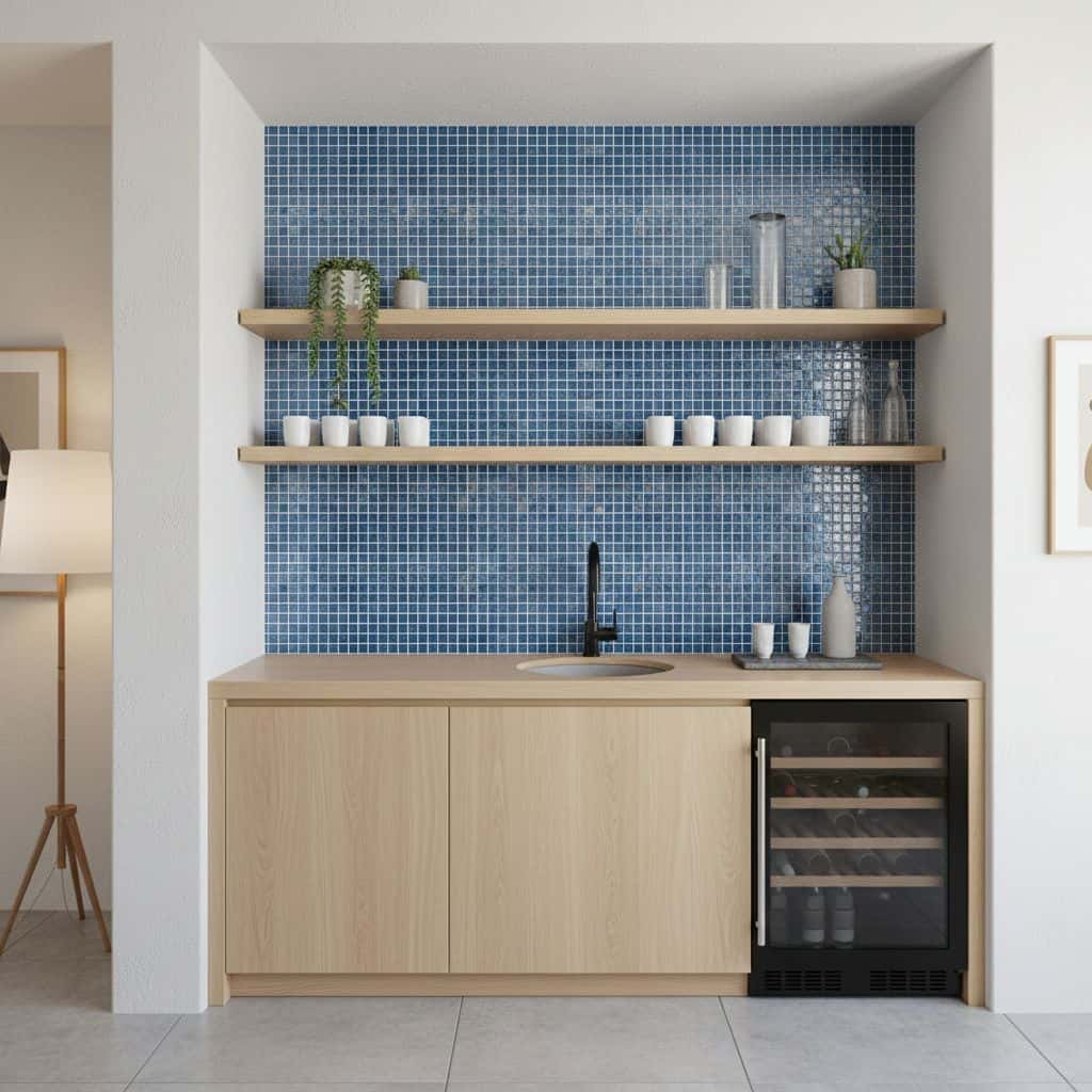 Blue glass tile backsplash with wooden shelves and mini fridge in a modern kitchen nook.