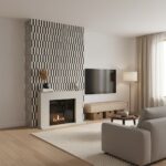 Black and white textured tile wall with geometric pattern behind fireplace, in a contemporary living room setting.