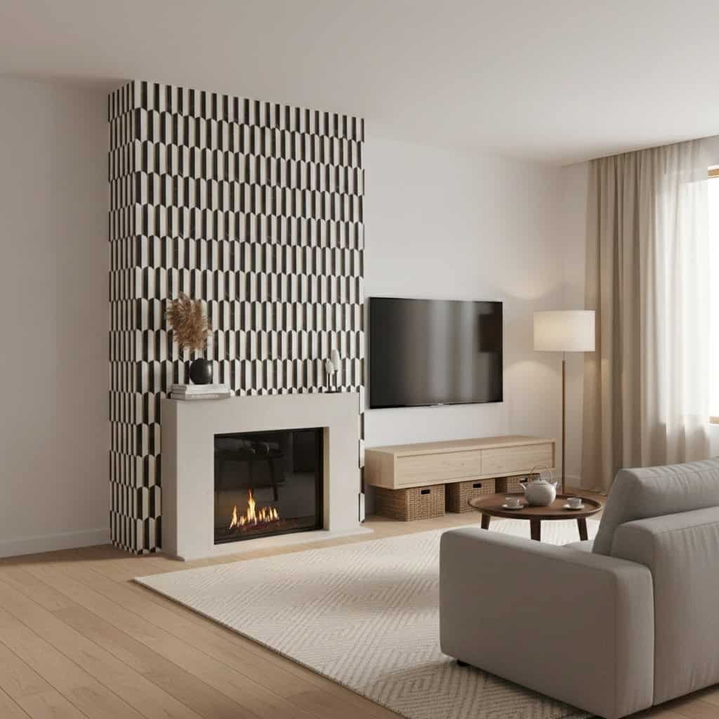 Black and white textured tile wall with geometric pattern behind fireplace, in a contemporary living room setting.