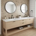 Mirror reflection showing bathroom decor and natural light.