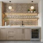 Bright modern kitchen with glass mosaic tile backsplash and open shelving.