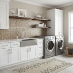 Modern Laundry Room with Glass Tile Backsplash.