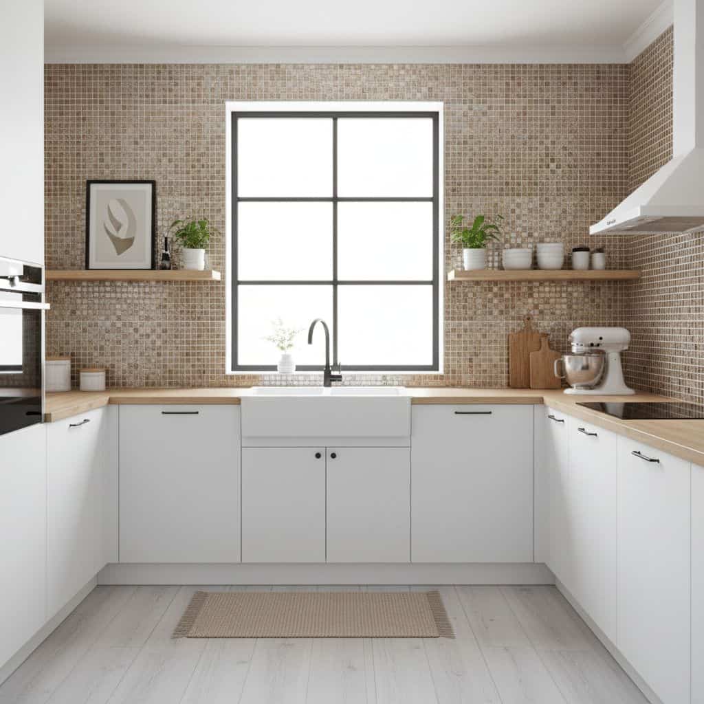 Glass tile backsplash in modern kitchen with white cabinets and large window.