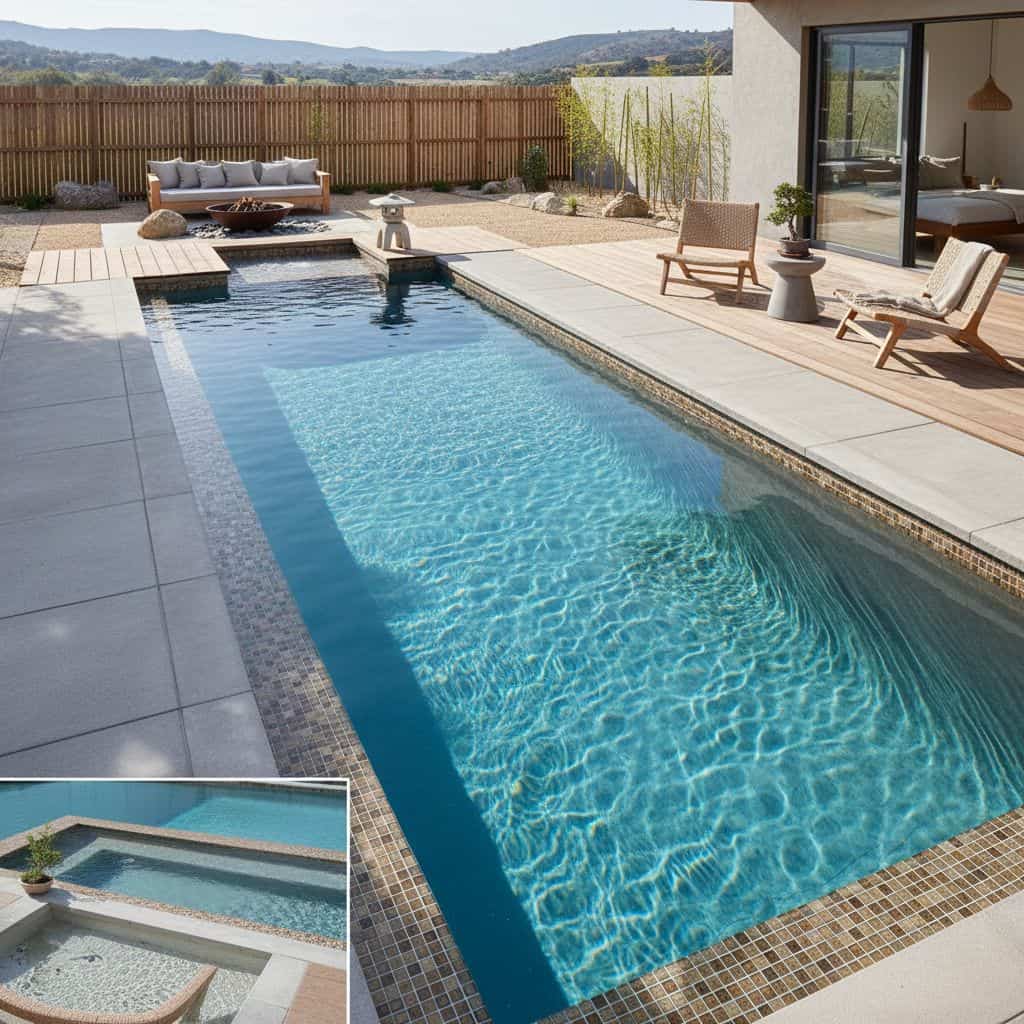 Pool with glass tile backsplash and mosaic accents for a sleek, contemporary look.