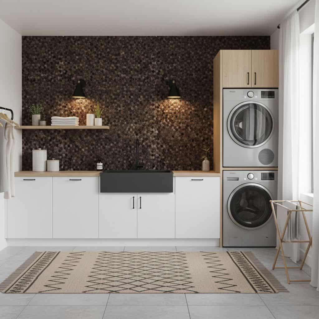 Bright laundry room with peel and stick wall tiles behind washer and dryer.