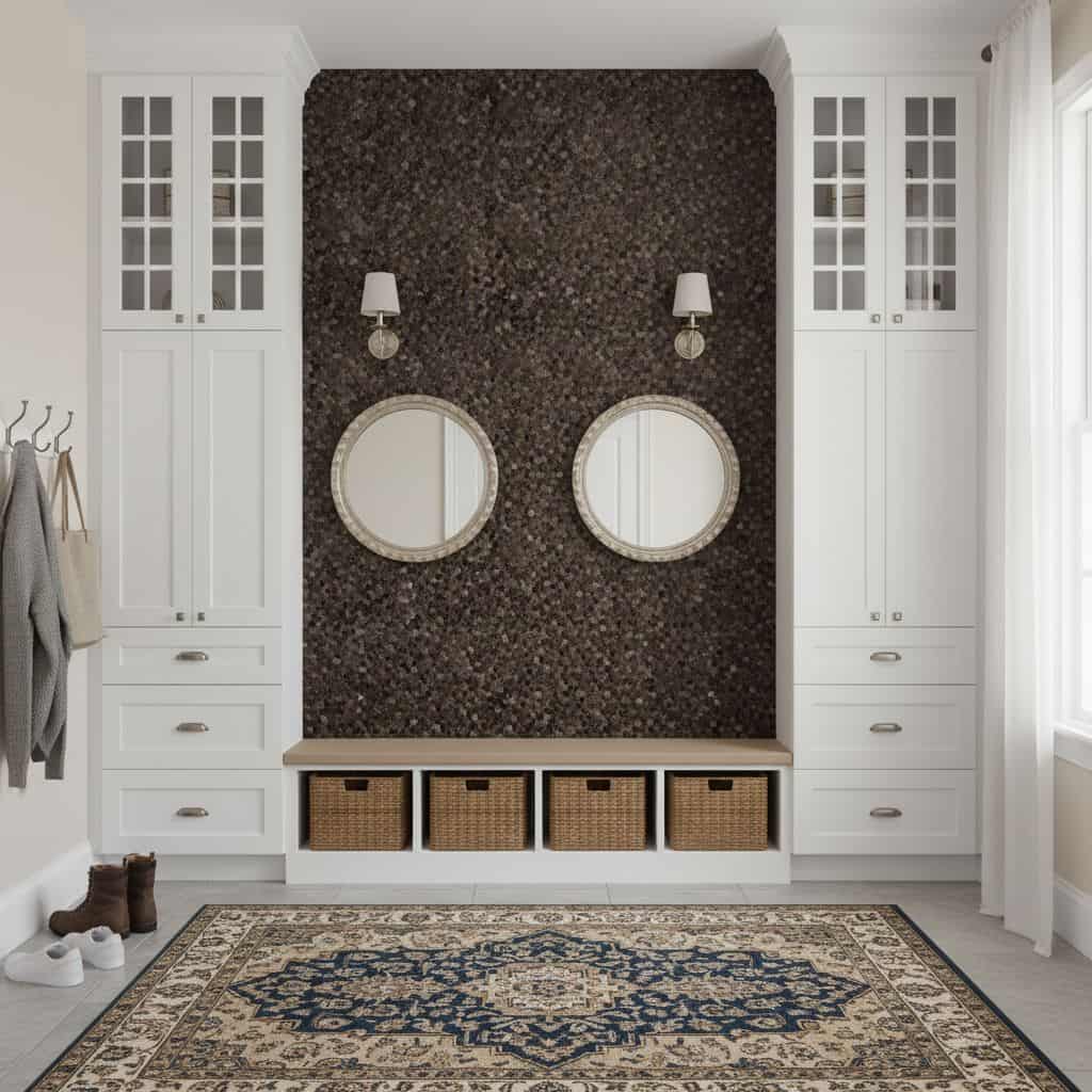 Removable peel and stick tile wall decor with two mirrors and wall sconces in a modern entryway.