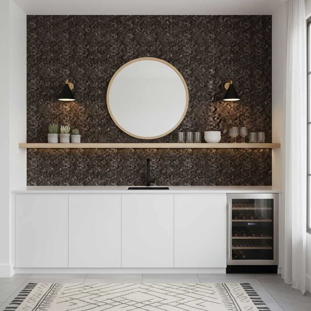 A modern kitchen featuring peel and stick tile backsplash, white cabinetry, and minimalist decor with a round mirror and wall.