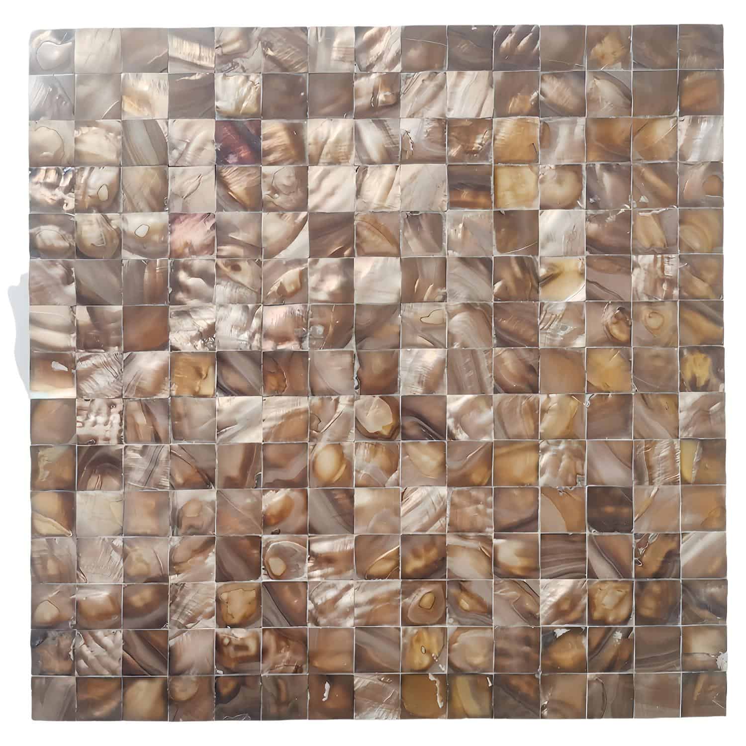 Mother of pearl shell tile mosaic with iridescent, natural seashells in warm tones, perfect for luxurious wall or backsplash.