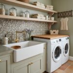 Seashell tile backsplash in a laundry room with shelves, towels, and a farmhouse sink.