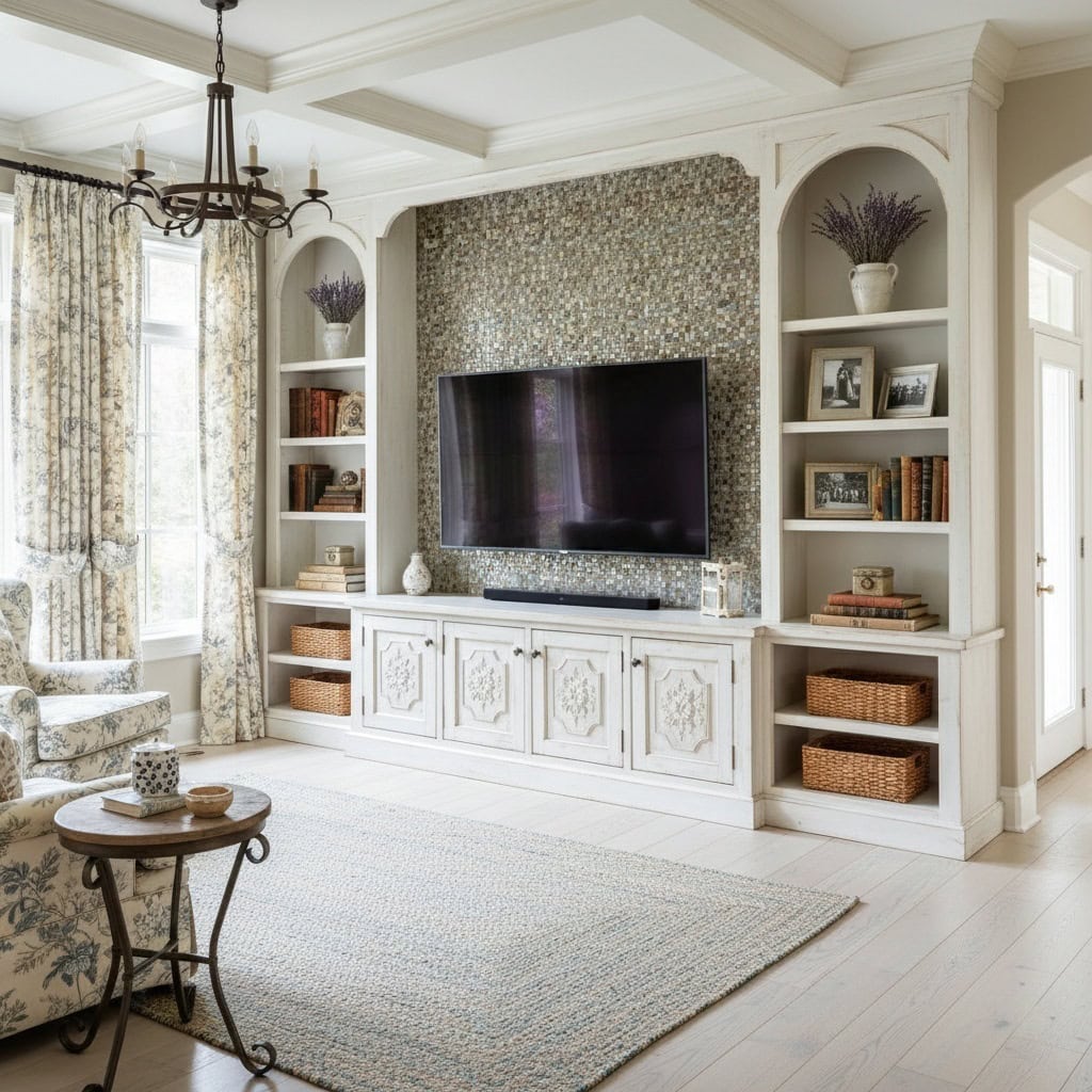 Decorative pearl tile wall with seashell accents in a cozy, bright living room setting.