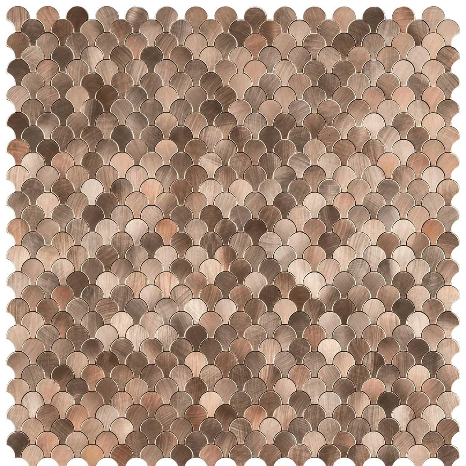 Peel and stick tile backsplash with a fish scale pattern in neutral wood tones. Easy to install and perfect for home renovati.