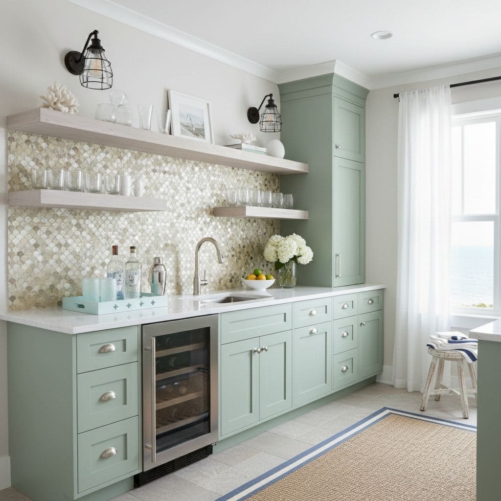 Bright kitchen with peel and stick tile backsplash and pastel cabinetry.