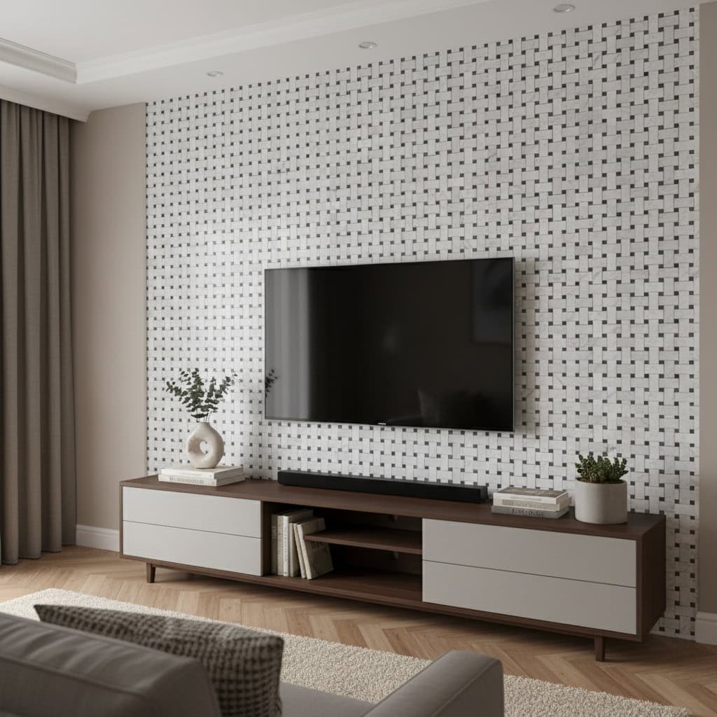 Black and white mosaic tile wall with textured surface behind TV.