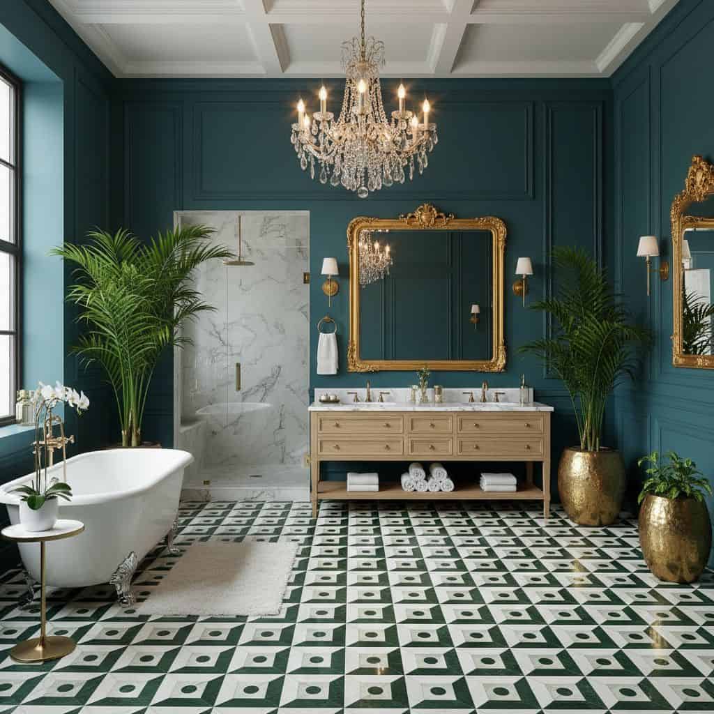 Stylish bathroom featuring deep blue walls, a white freestanding bathtub, gold accents, and geometric patterned floor tiles.