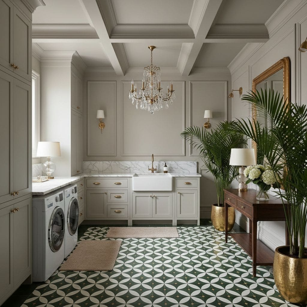 Bright white kitchen with elegant marble countertops and a patterned green and white tile floor.