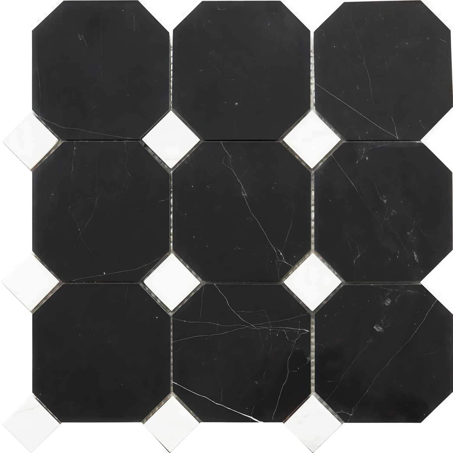 Dark black marble tiles with subtle white veining, smooth texture, and polished finish.
