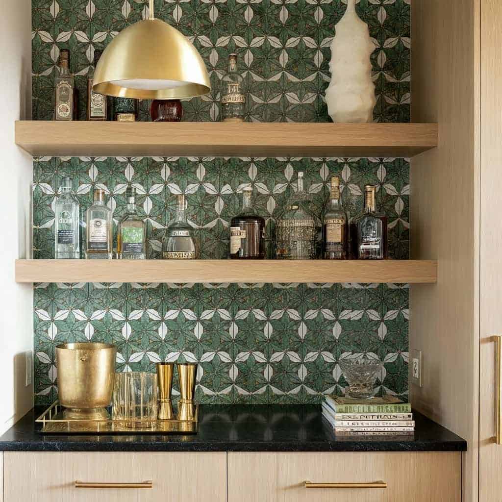 Image of a stylish kitchen backsplash with peel and stick tiles in a geometric pattern. Perfect for easy home updates and mod.