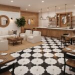 Elegant black and white floral patterned ceramic tiles with a glossy finish.