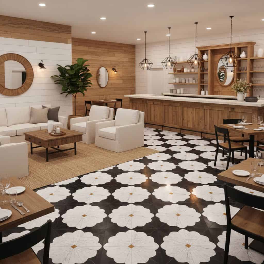 Elegant black and white floral patterned ceramic tiles with a glossy finish.