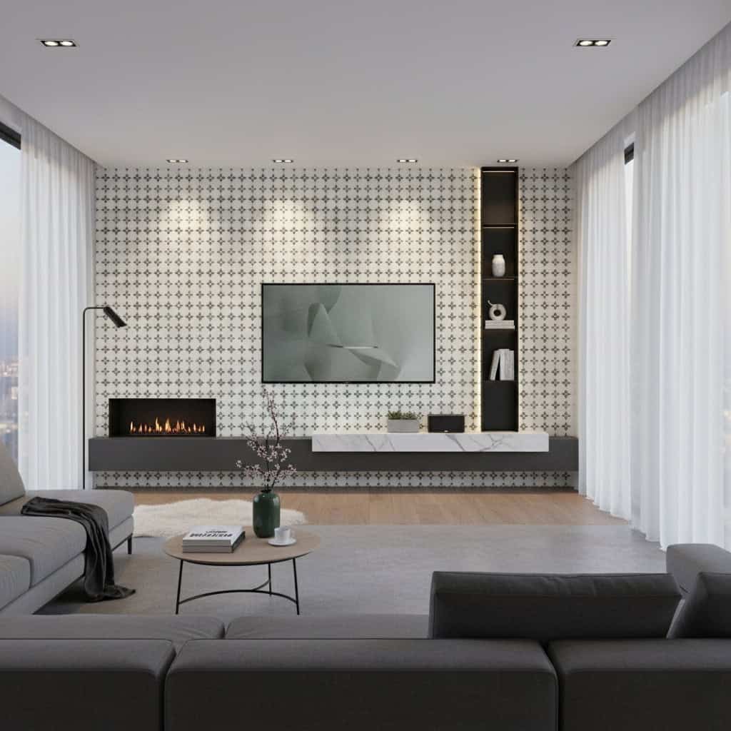 Modern geometric tile wall in black and white with fireplace and mounted TV.