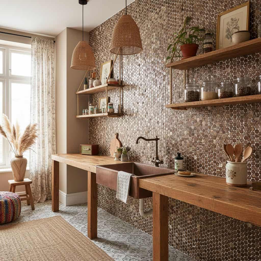 Mother of pearl shell tile used as a decorative backsplash in a cozy kitchen setting.