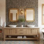 Natural stone hexagon tiles in earthy tones, textured surface, used as a backsplash behind double sinks.