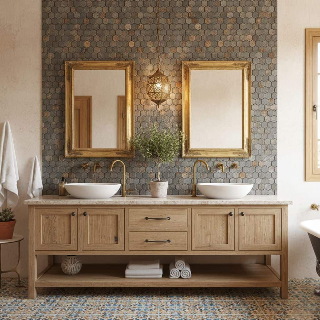 Natural stone hexagon tiles in earthy tones, textured surface, used as a backsplash behind double sinks.