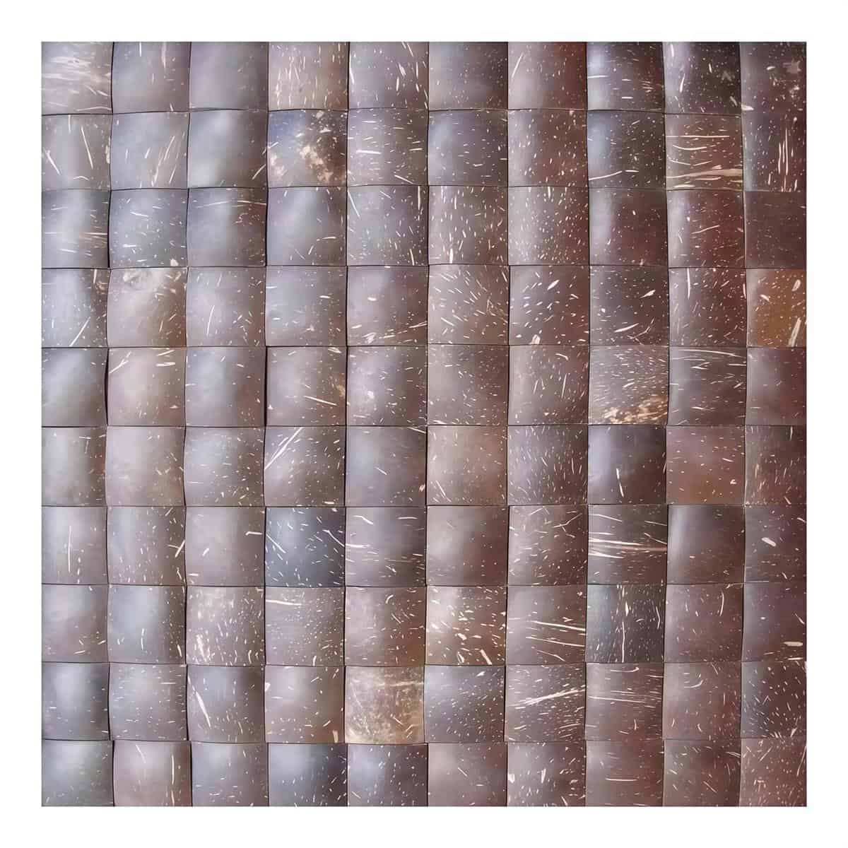 Brown marble tile with white veining, textured surface, glossy finish.
