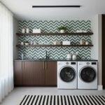 Removable peel and stick tile backsplash with chevron pattern in laundry room setting.