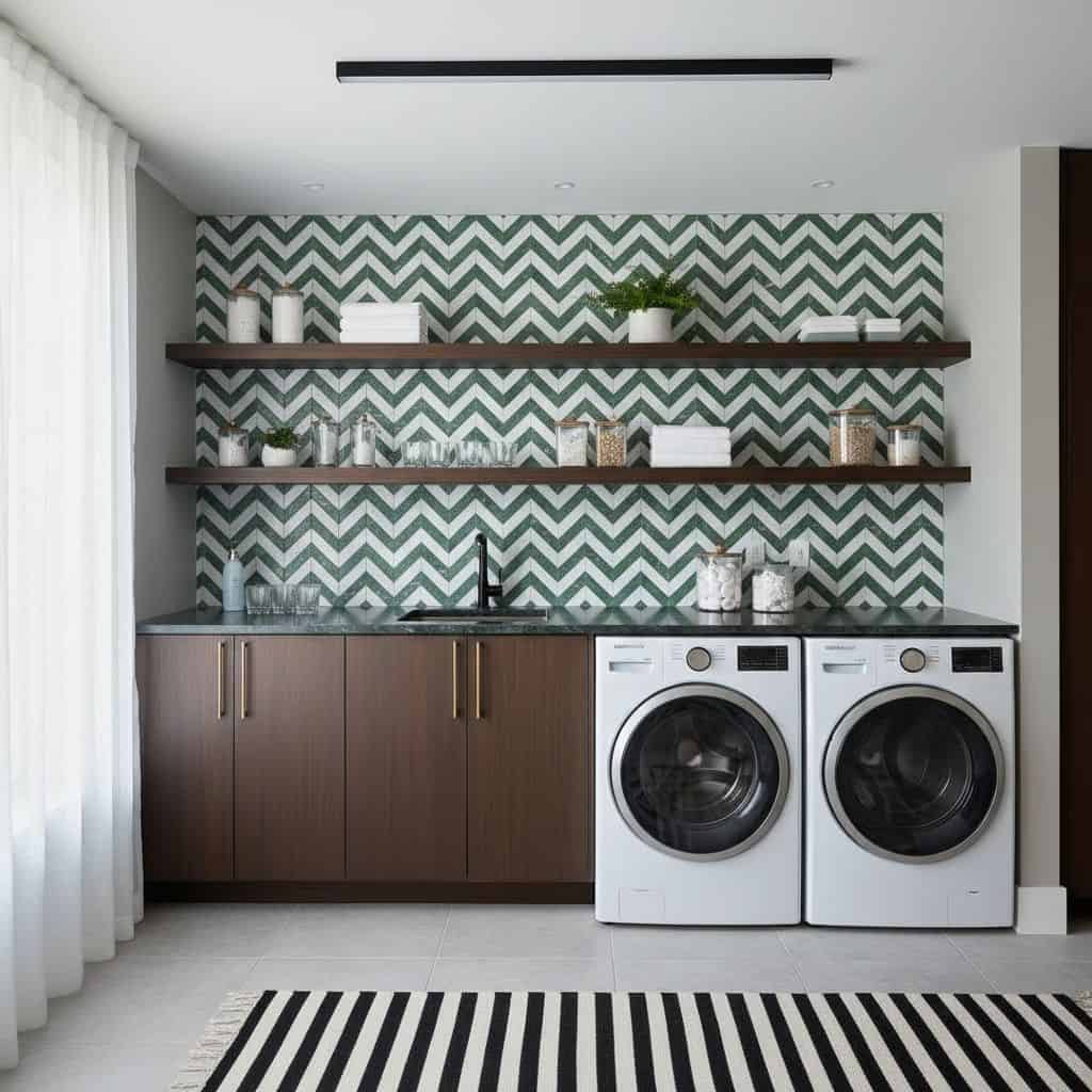 Removable peel and stick tile backsplash with chevron pattern in laundry room setting.